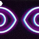 A glowing, neon-purple rendering of two wide-open eyes against a black background.